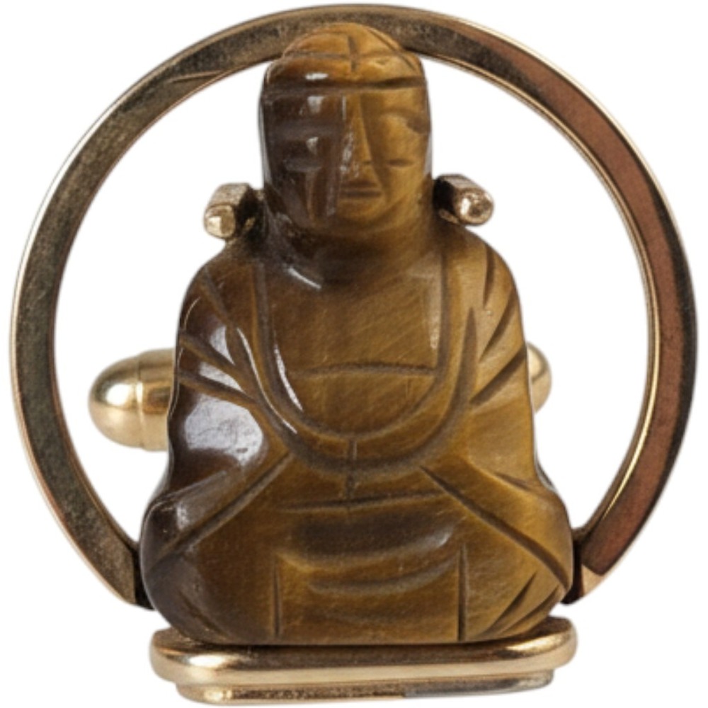Signed Swank Buddha Cufflinks, Vintage 1960s Carved Tiger Eye Stone Mens Jewelry